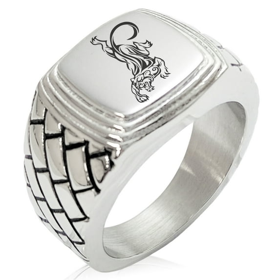 Stainless Steel Striking Tiger Geometric Pattern Step-Down Biker Style Polished Ring