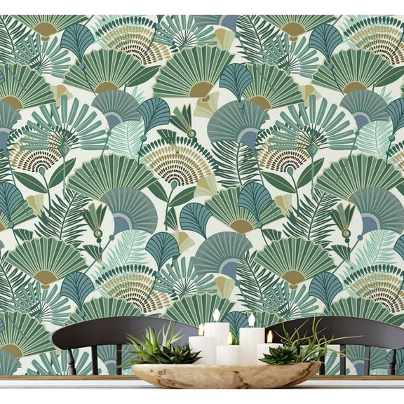 S4Sassy Peel and Stick Wall Covering, Tropical Palm Fan Wallpaper Removable Wallwrap - Green Instant Wall Mural for Bedroom, Bathroom, Laundry Room, Closet Interior (25"x60" inch)
