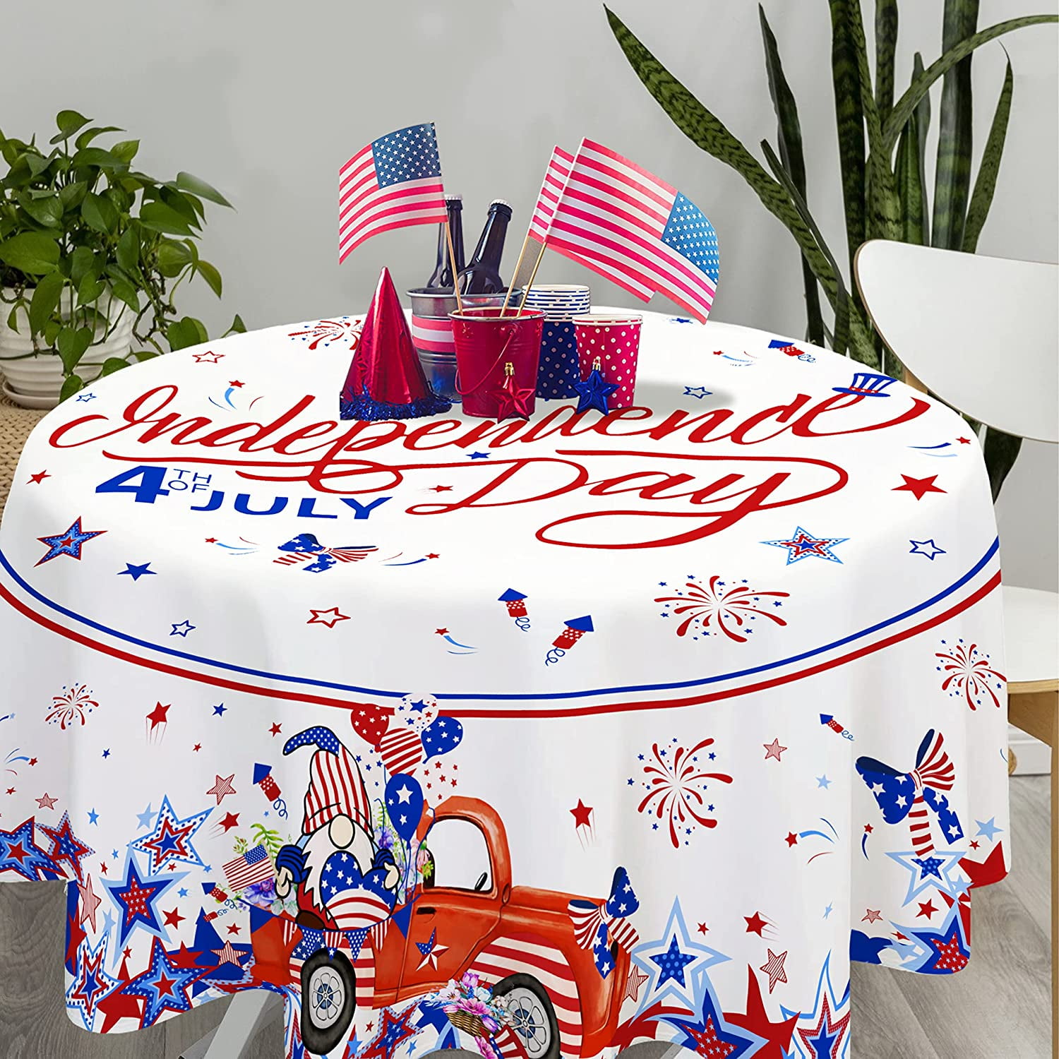 4th of July Tablecloth, Patriotic Tablecloth Round 60 inch, Red and Blue Stars Indoor or Outdoor 