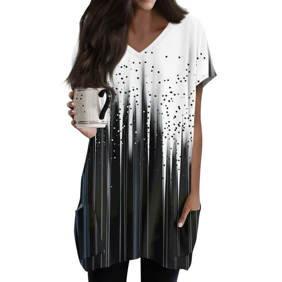 TQWQT Women's Plus Size Tunic Tops Long Shirts for Leggings with Pockets Oversized Tunics Short Sleeve V Neck T-Shirts Summer Women Clothes