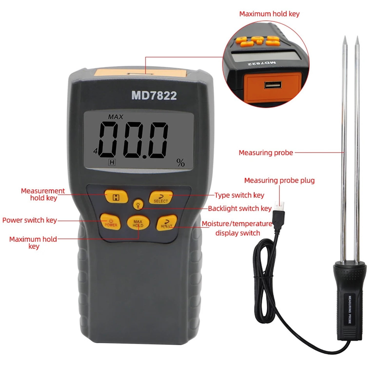 MD7822 Grain Moisture Meter Digital LCD Display Grain Hygrometer Thermometer Humidity Temperature Tester For Wheat Corn Rice ,Tool