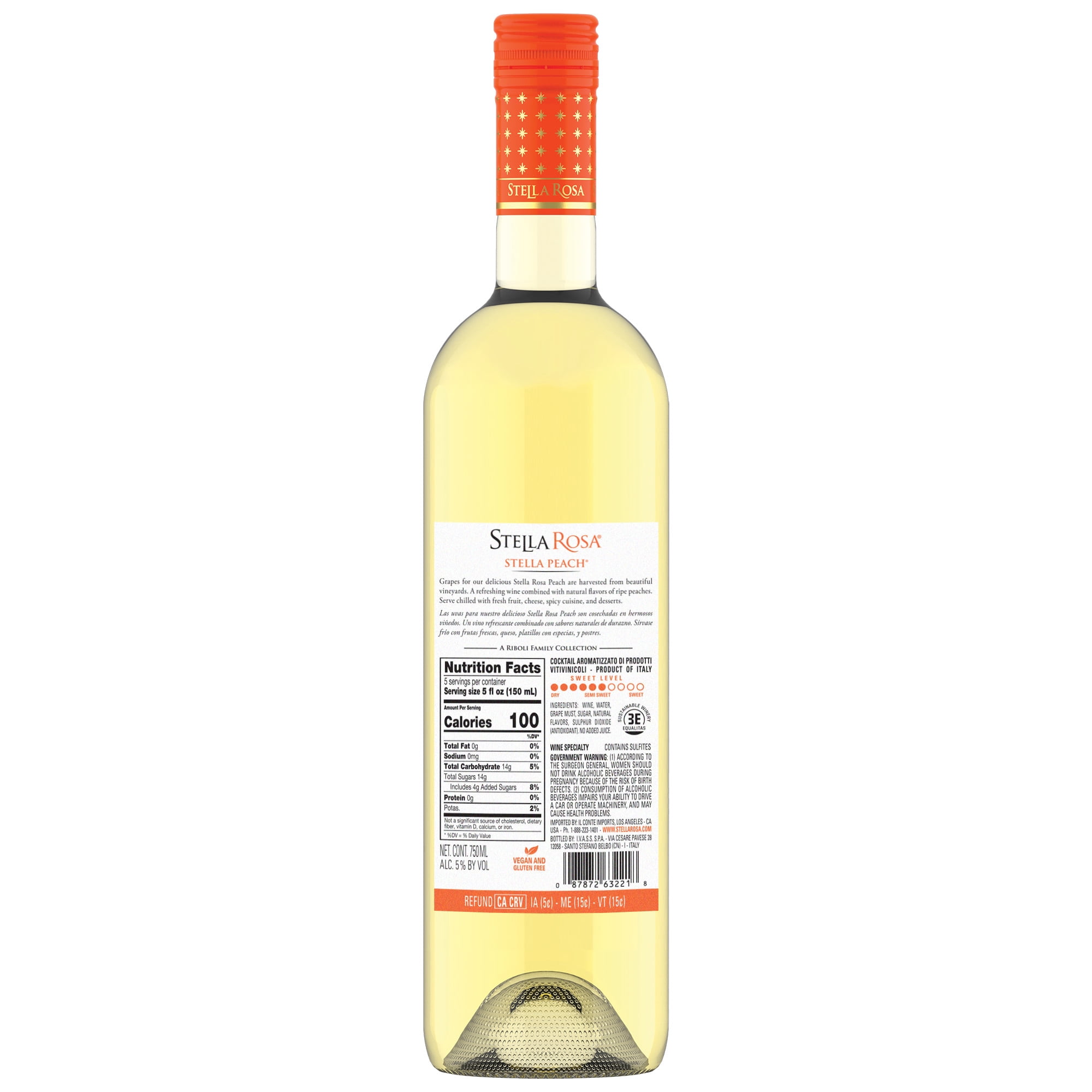 Peach Semi-Sweet Moscato White Wine, 750ml Glass Bottle, Piedmont, Italy