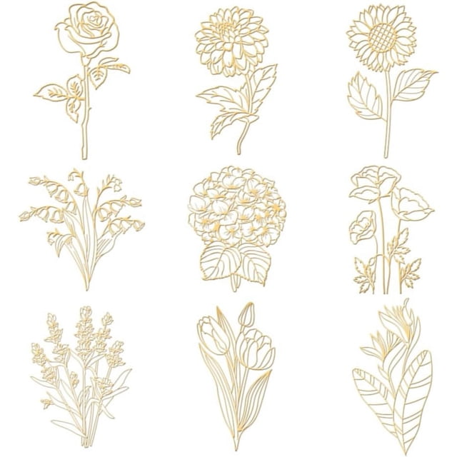 9 pegatinas metálicas autoadhesivas de 1,6 x 1,6 pulgadas con diseño de flores, girasoles y rosas, doradas.