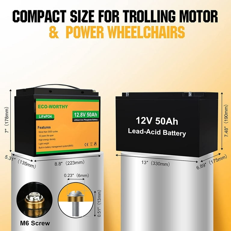 Eco-Worthy 12Volts 50Ah LiFePO4 Lithium Battery with BMS, Perfect for 55lb  Boat Motor Travel Trailer 