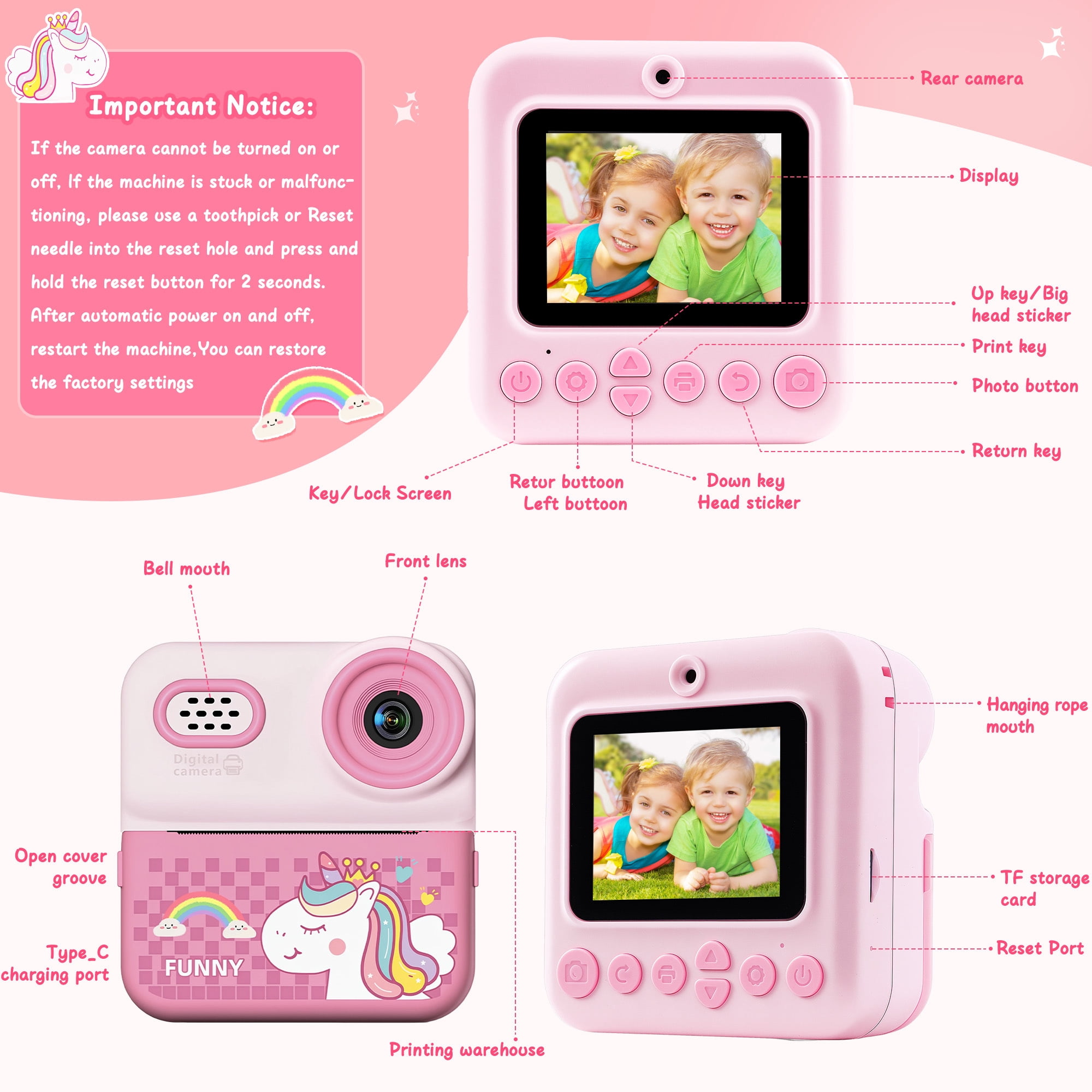 ALLJOY Instant Print Kids Camera with 64GB SD Card 1080P HD Digital Video Camera Toy for Toddler Kids, Christmas Birthday Gift for Girls Ages 3-12