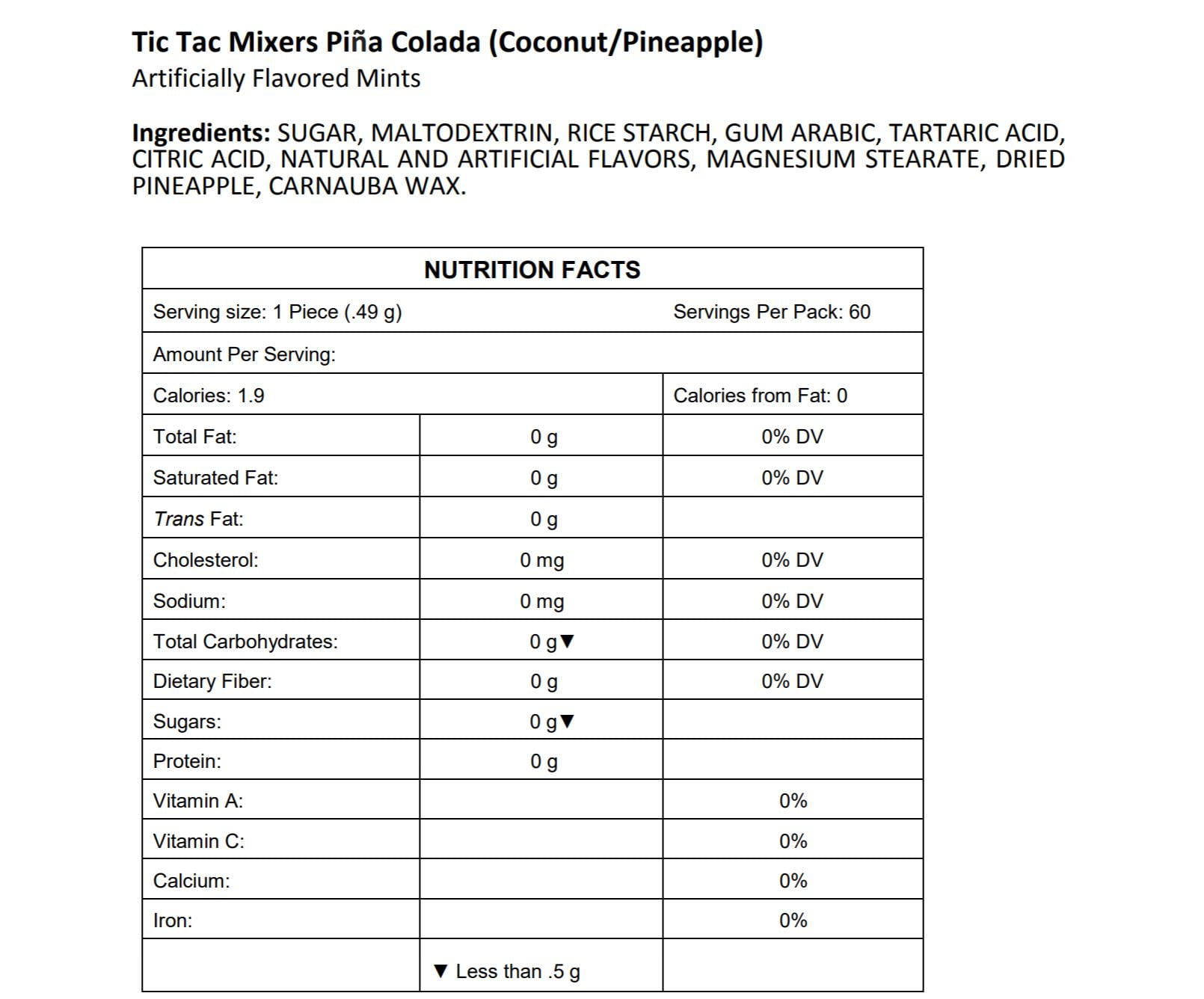 Tic Tac Mixers Pina Colada Nutrition Facts Besto Blog