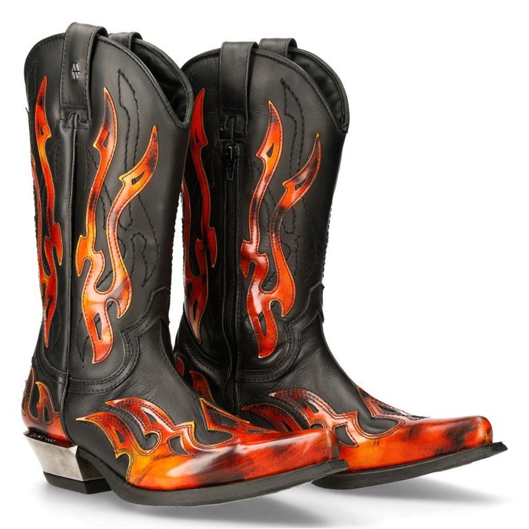 New Rock 7921-S2 Leather Black Red Flame Cowboy Leather Gohic Punk