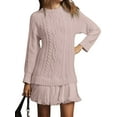 thumbnail image 2 of Women Cable Knit Sweater Dress Crewneck Long Sleeve Pleated Mini Dress Twofer Style Patchwork Dress Pink XXL, 2 of 7