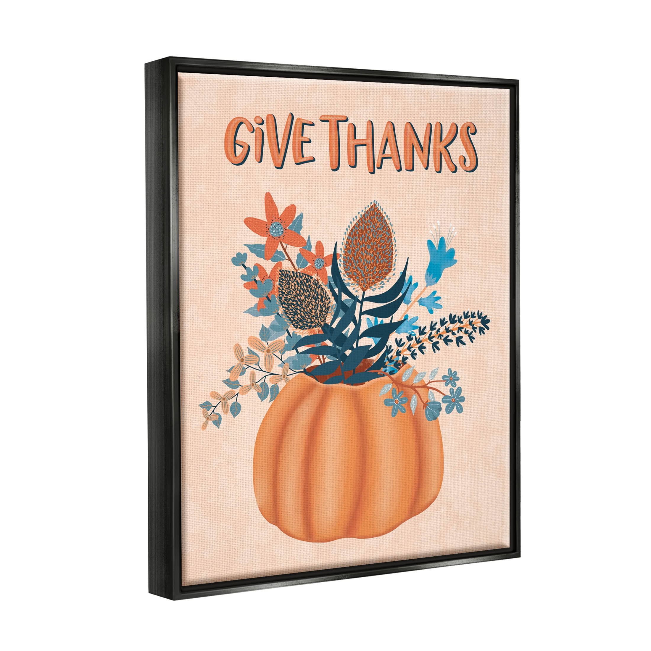 Give Thanks Fall Botanical Blooms Holiday Graphic Art Jet Black Framed Art Print Wall Art