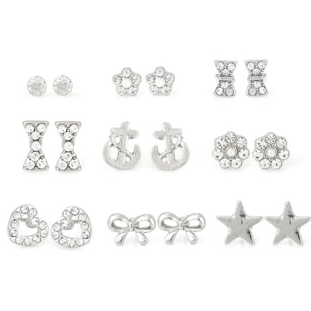 Crystal Stud Earrings, 9 Pairs