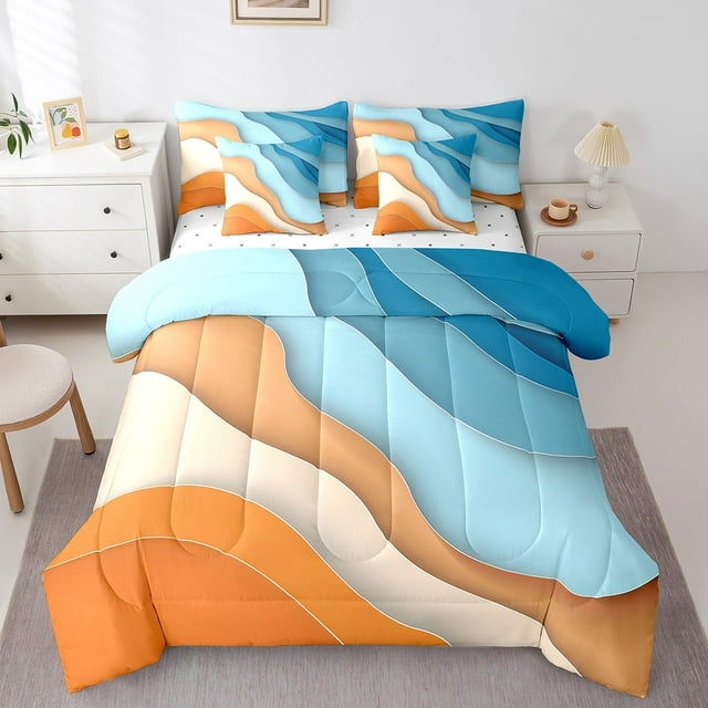 YST Ensemble de Literie Dégradé Bleu Orange 7 Pcs, Ensemble de Couette à Rayures Géométriques, Format Simple