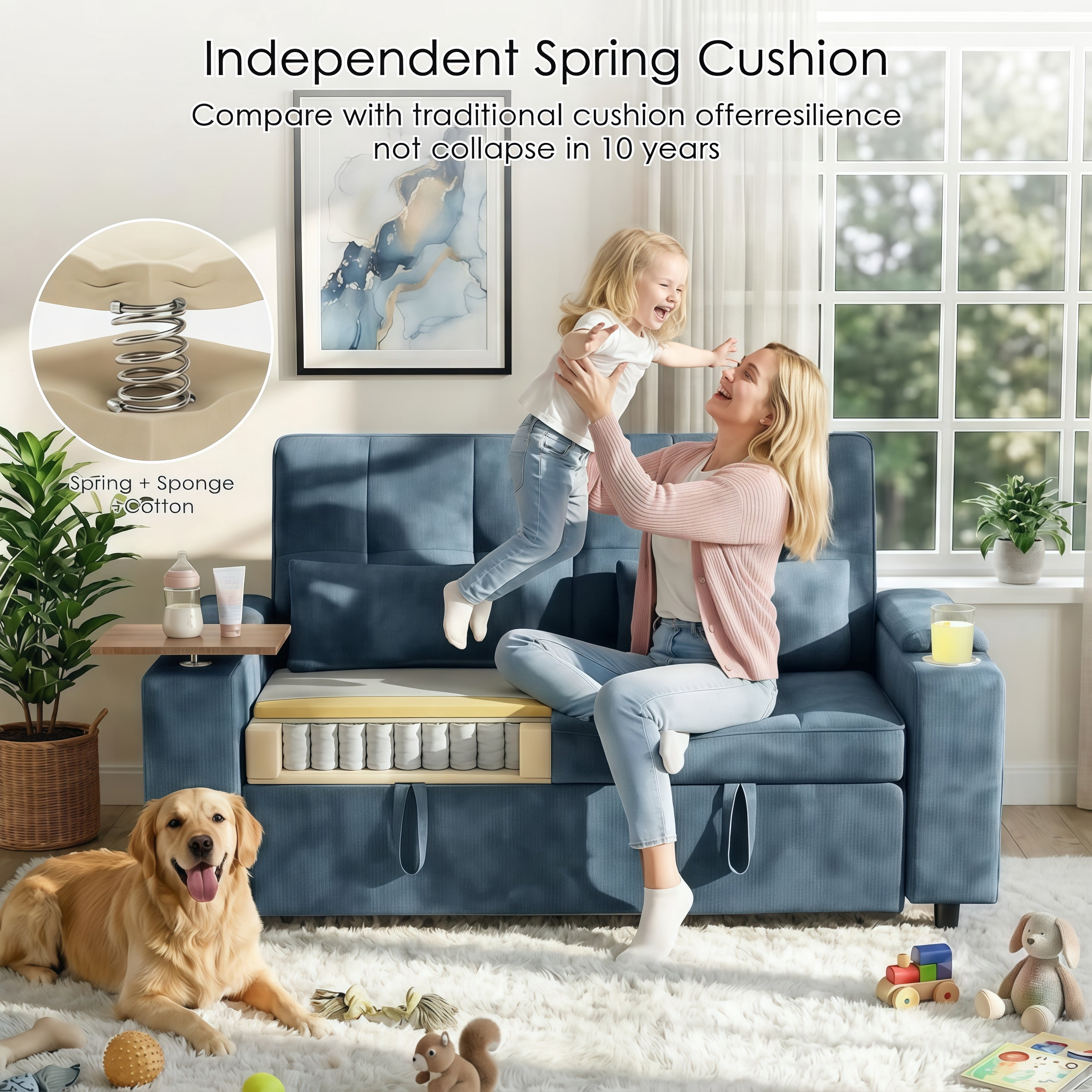 avobird 65" 3-in-1 Convertible Sofa Bed, Pull Out Loveseat with Chenille Fabric/Hidden storage space/Cup holder, Sleeper Sofa Bed for Living Room, Blue