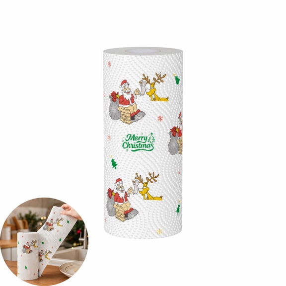 Christmas Printed Disposable Kitchen Paper Towels, Festive Santa Reindeer Holiday Pattern, Absorbent Oil‑Resistant Paper Towels for Home Kitchen Counter Christmas Dinner Party Table Decorations