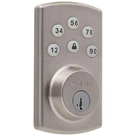 Weiser Powerbolt 2 Serrure de Porte Sans Clé en Nickel Satiné/verrou à Pêne Dormant, Serrure de Porte à Clavier à Cylindre Unique avec Clavier Rétroéclairé (jusqu'à 6 Codes d'Utilisateur), Verrouillage Automatique, Serrures Électroniques pour Porte d'Entrée