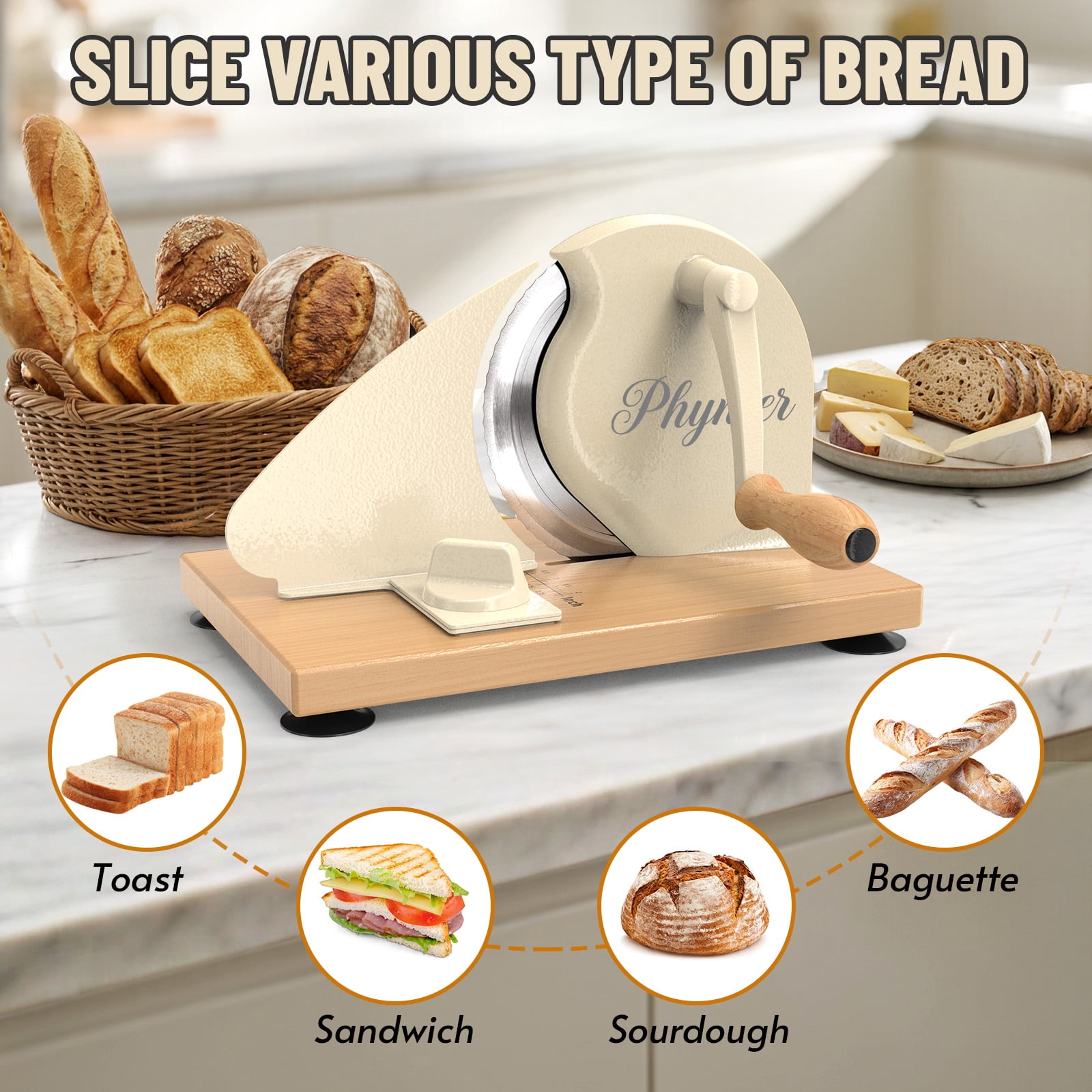 Manual Bread Slicer for Homemade Bread, Sourdough Bread Slicer with Hand Crank, Clear Scale Line, Non-Slip Suction Base & Sharp Blade, Adjustable Thickness and Evenly Slicing