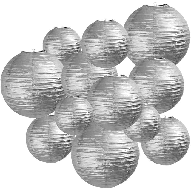 Nvzi Faroles de papel plateados, 12 unidades, varios tamaños, 6, 8, 10 y 12 pulgadas, adornos colgantes de papel chinos redondos, lámparas de farolillos para decoración del hogar