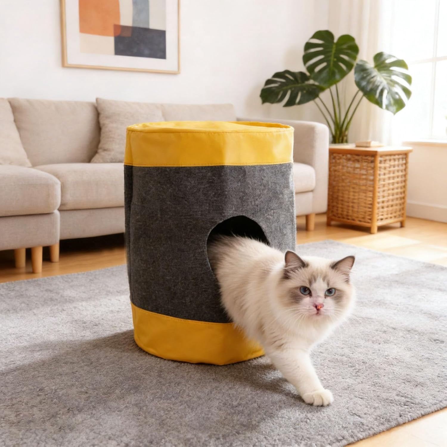 Foldable Cat Tunnel Bag, Interactive Pet Play Mat & Activity Center, Polyester & Leather Fabric Cat Toy with Storage for Indoor Cats (Yellow)