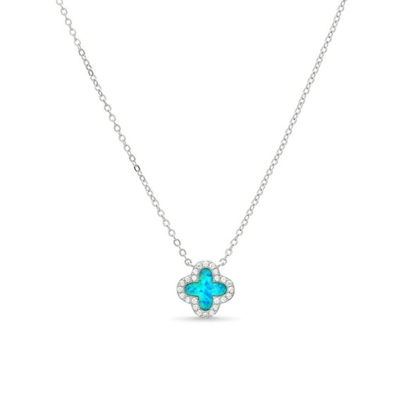 Sterling Silver Created Blue Opal and CZ Flower Necklace 18 Inches