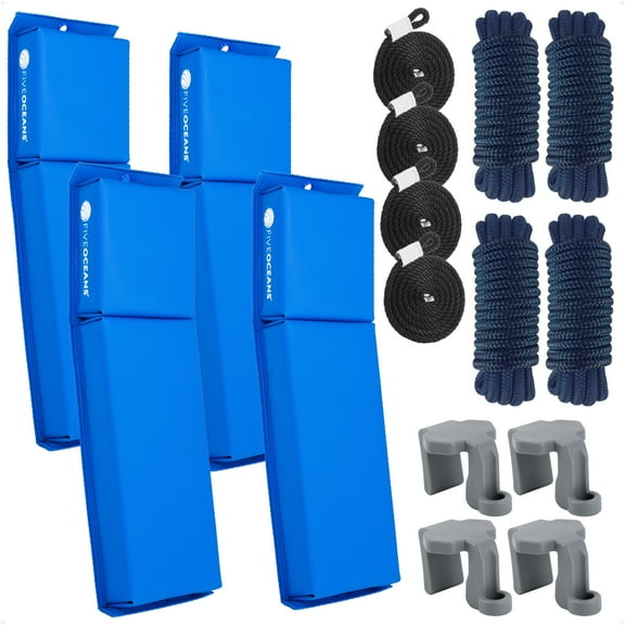 Five Oceans 4-Pack Flat Boat Fender Kit, Includes 24" x 6-7/8" x 2-1/2" Blue Fenders, Ropes Lines 3/8-Inch x 5-Ft, Boat Bumpers Clips, and Dock Lines 1/2" x 15' - FO4680-C1