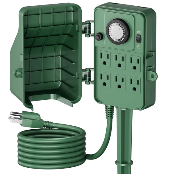 BN-LINK 24 Hour Mechanical Outdoor Multi Socket Timer, 6 Outlet Garden Power Stake with 6ft Cords, Outdoor Timers for Lights, ETL listed, 125V, 15A/1875W