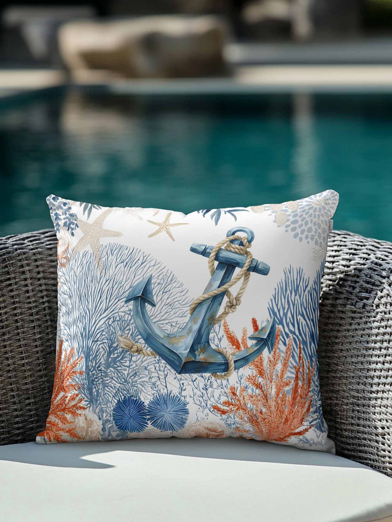 1 Pack Outdoor Throw Pillow, Nautical Anchor Waterproof Pillow with Insert Included, Blue Coastal Starfish Coral Leaves Decorative Accent Cushion Sofa Pillows for Patio Porch, 16 x 16 In