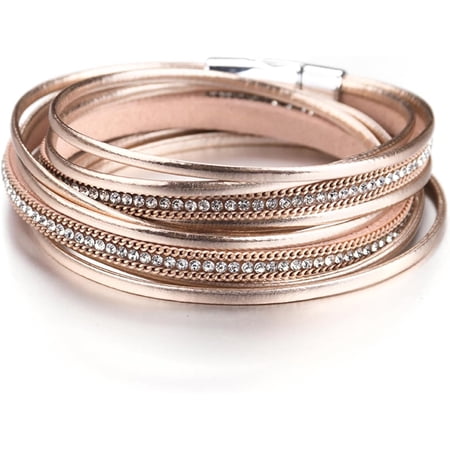 Soleilie Leather Wrap Bracelets for Women, Boho Leopard Multi-Layer Crystal Beads Cuff Bracelet Jewelry