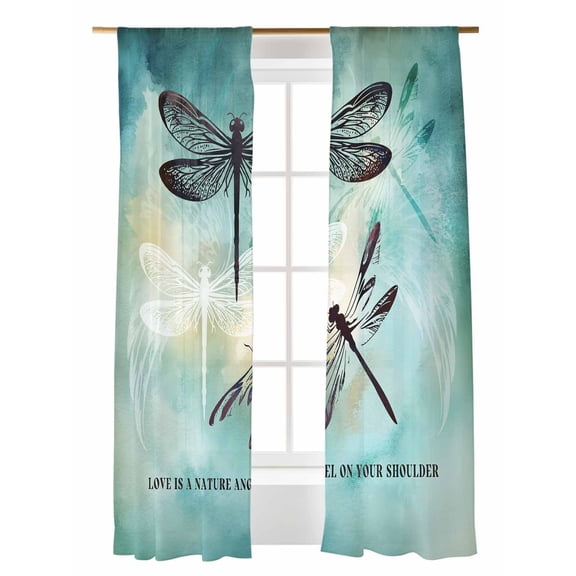 Dragonfly Sheer Curtains 84 Inch Long 2 Panels, Abstract Animal Teal Green Yellow Gradient Text Light Filtering Rod Pocket Semi Sheer Curtains, Sheer Voile Drapes for Living Room Bedroom, 52"x84"