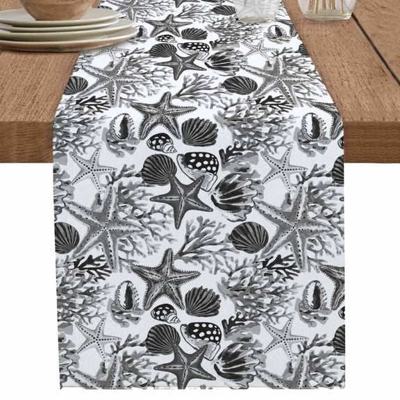 nqOlkjepod Black Starfish Coral Table Runner 70 Inches Long Farmhouse Dress Scarves, Ocean Shell Grey Vintage Dining Tablerunner for Coffee Table/Kitchen Island/Party Décor, 13" x 70"