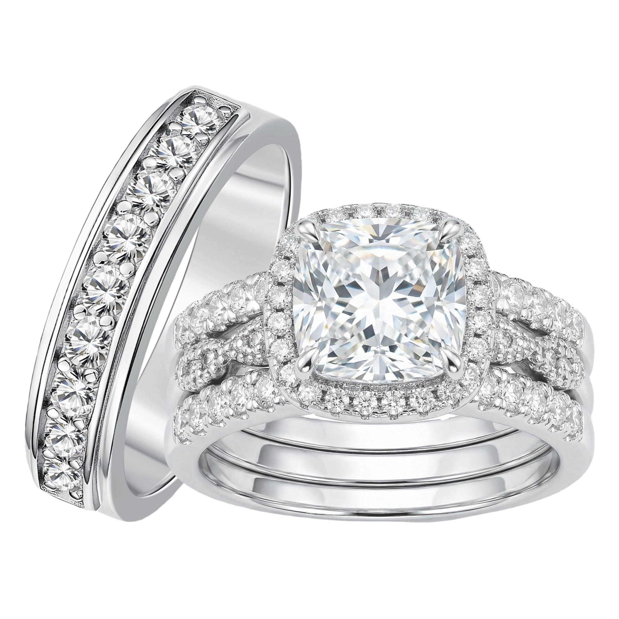 SFTING Wedding Rings Set for His and Her Couple Rings Cushion Round Cut Men Ring Silver Plated Engagement Promise Rings Size 9&7