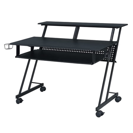 47" Music Recording Studio Desk with 61-Key Sliding Keyboard Tray, Black Metal Frame Computer Desk with Monitor Shelf and Caster Wheels
