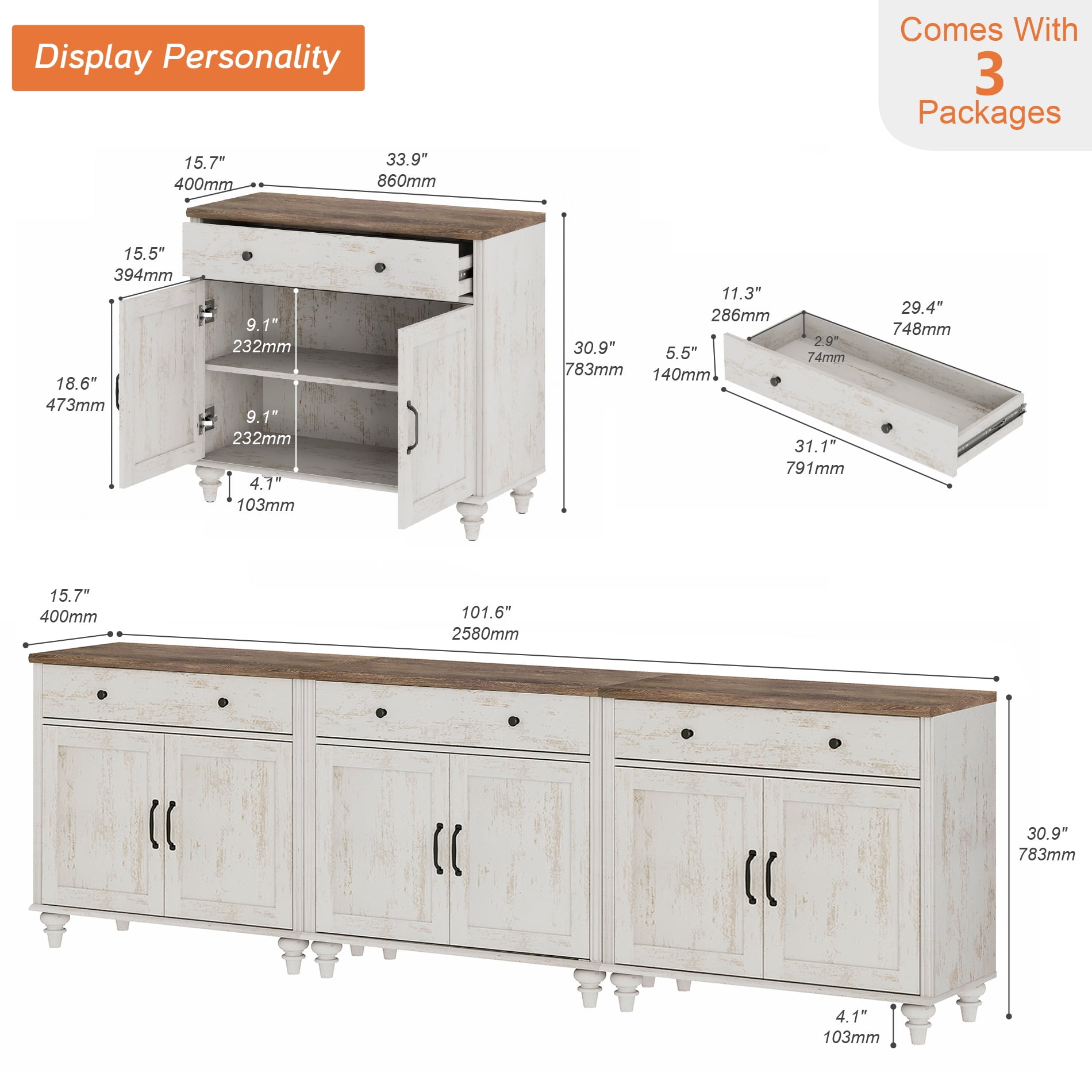 Rustic White Farmhouse TV Stand for 85 inch TV with Drawers & Doors