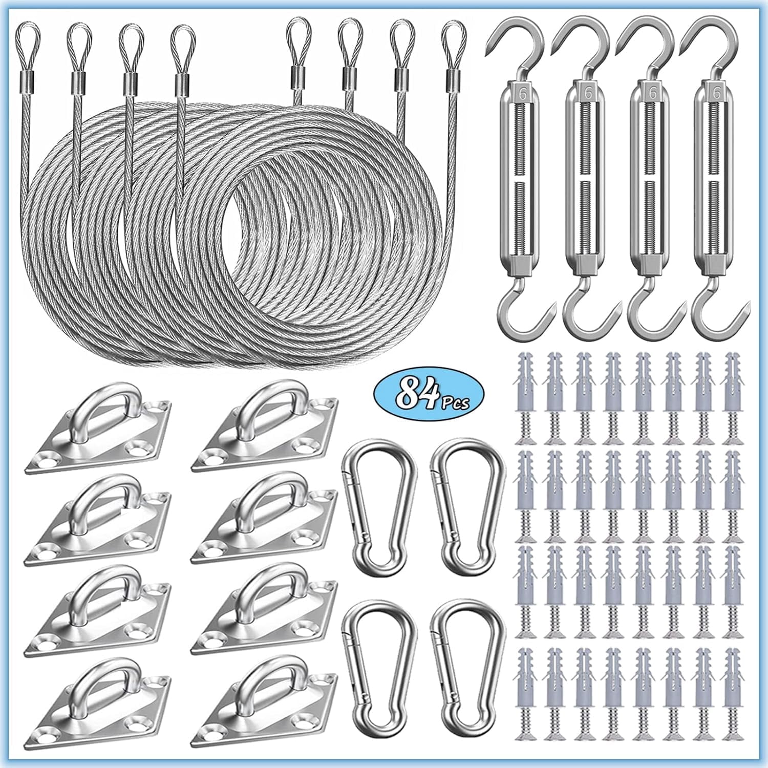 84 Pcs Sun Shade Sail Hardware Kit with Cable Wire Rope for Rectangle Square Triangle Shade Sail Installation, 6 inch Grade 304 Stainless for Garden, Outdoors, DIY Crafts, Railing