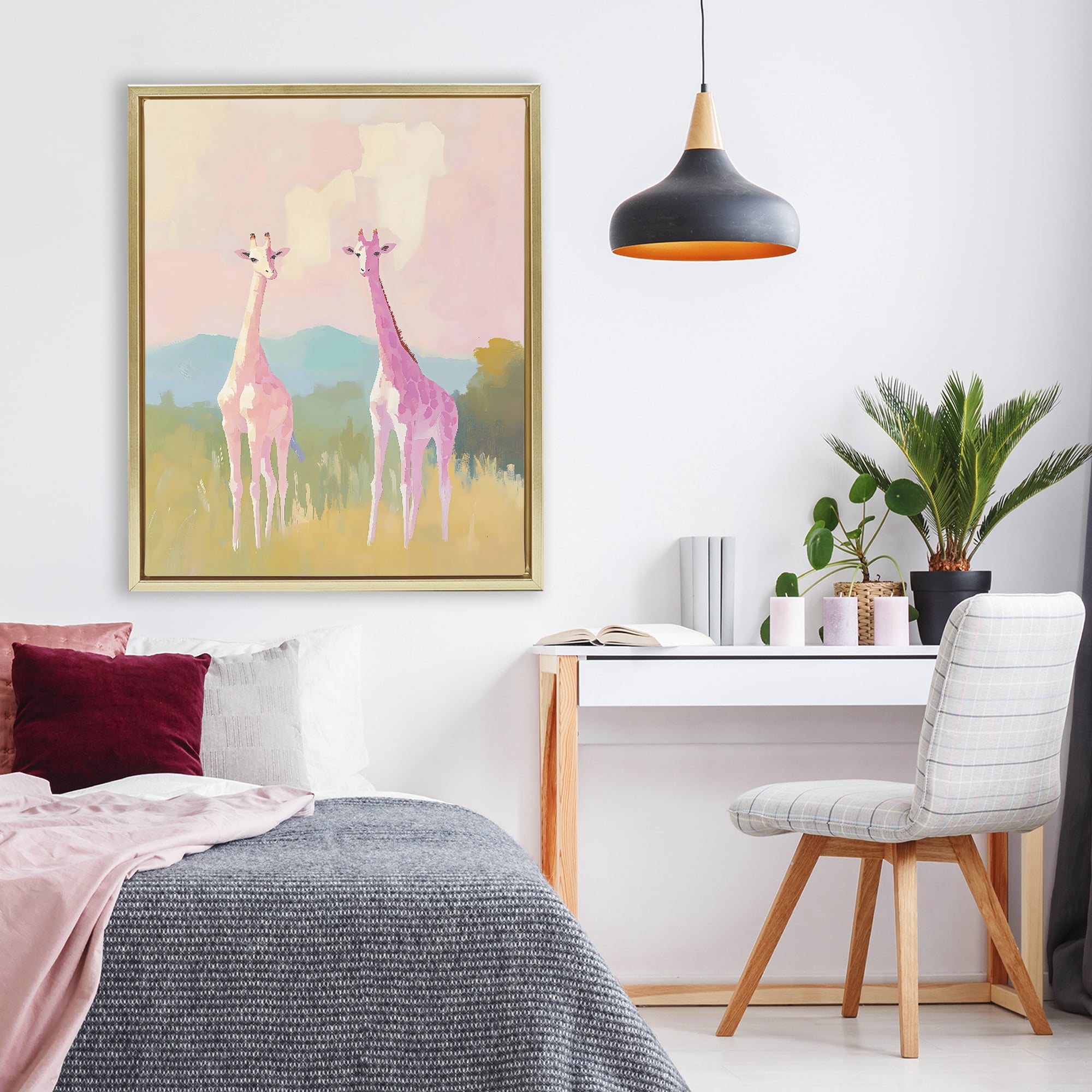 Stupell Industries Pink Giraffes on Savanna Gold Framed Floater Canvas Wall Art, design by The Prints Vibe