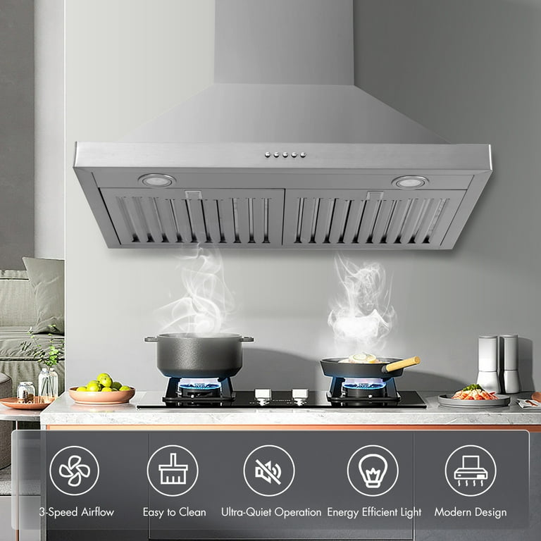 KULED Wall Mount Range Hood Vent Stainless Steel Kitchen 3 Speed