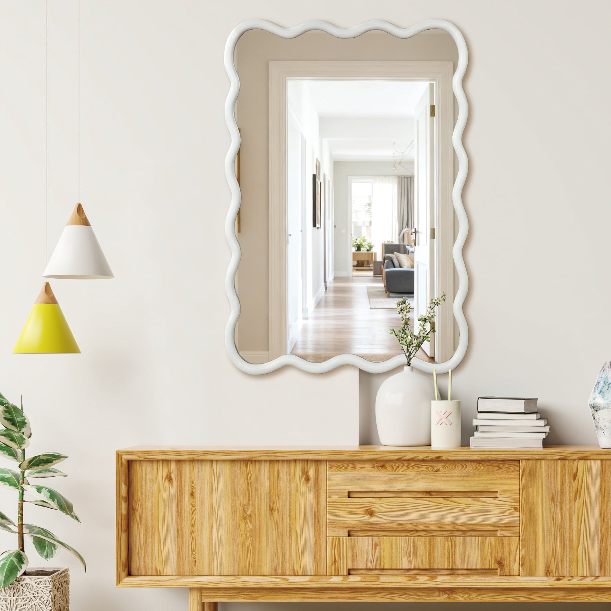 Leumius 24"x36" Wavy Rectangle Mirror, Solid Wood Frame Decorative Mirror for Bedroom Bathroom Living Room Entryway White