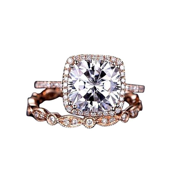 Art deco 2 Ct Moissanite and Moissanite Halo Wedding Ring Set with 18k Gold Plating