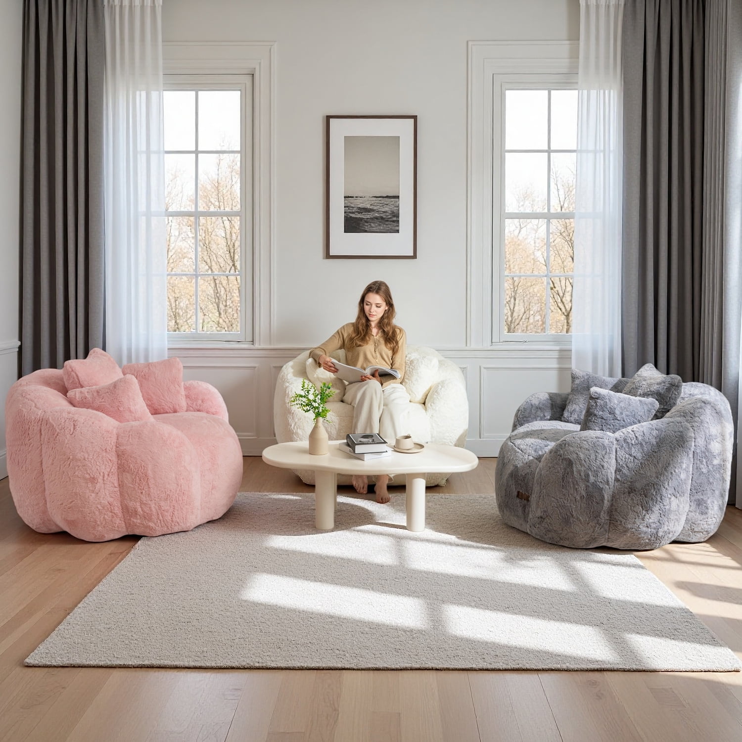 GOODONE Floral Shaped Bean Bag Chair,Oversized Bean bag Sofa with 3 Pillows,Ultra Soft Plush Reading Chair,Floor Sofa Suitable for Living Rooms and Bedrooms,Grey