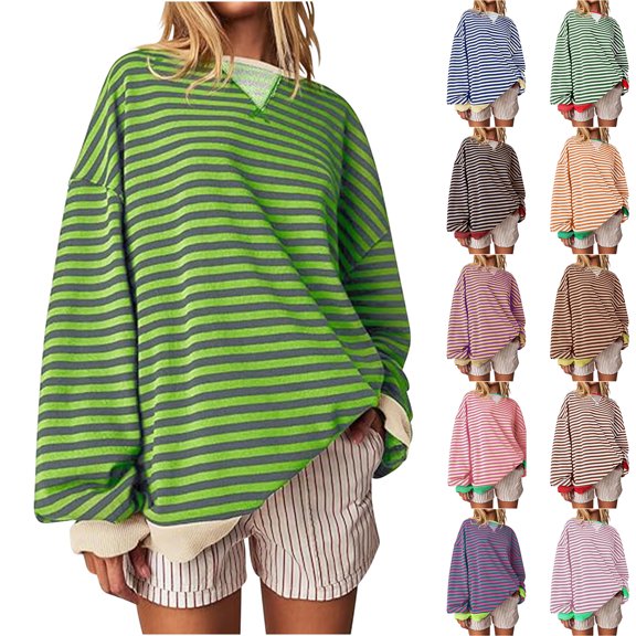 Hrsba Casual Sweatshirts for Women Contrast Striped Crew Neck Long Sleeve Loose All Match Daily Basic Top Sweatshirt