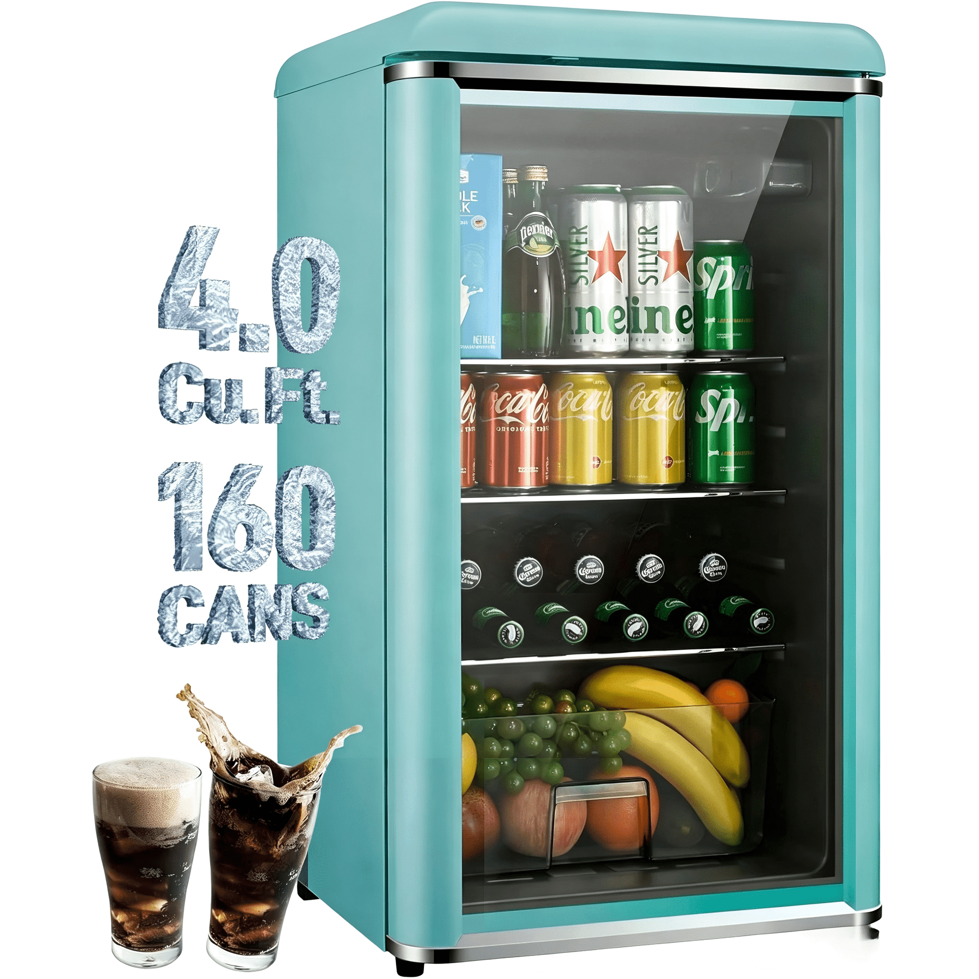 GGTB 4.0 Cu.ft Retro Beverage Refrigerator, 160-Can Mini Fridge with Double Glass Door, Adjustable Shelves, Blue