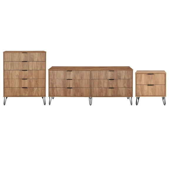 3-Piece DUMBO 5-Drawer & 6-Drawer Dressers and Nightstand in Gold Brown