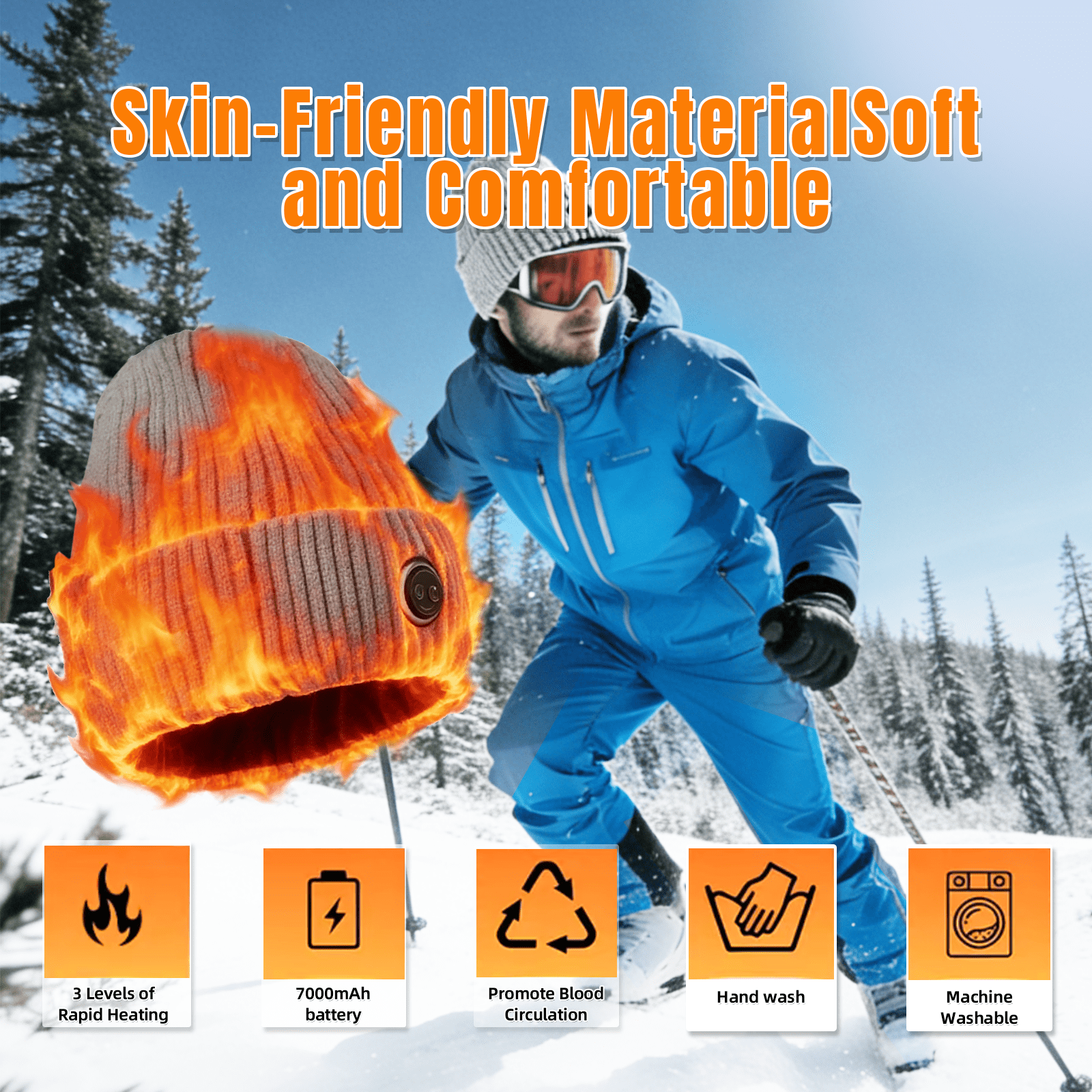 Heated Hat - 3 Temperature Settings, 7000mAh Large Battery, Breathable Stretch Fabric, Ideal for Skiing, Riding, Outdoor Work