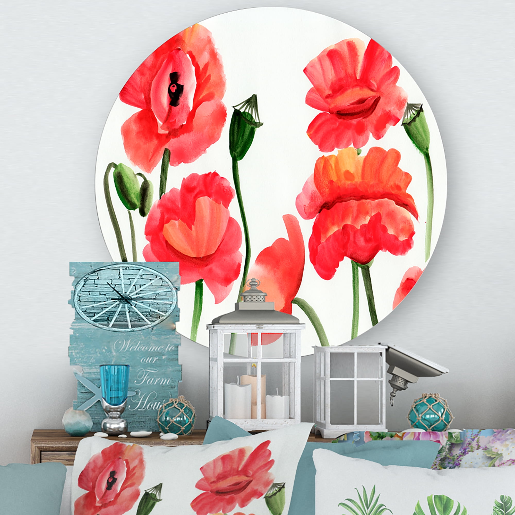Designart 'Ancient Red Poppies I' Traditional Circle Metal Wall Art 11x11 - Disc of 11