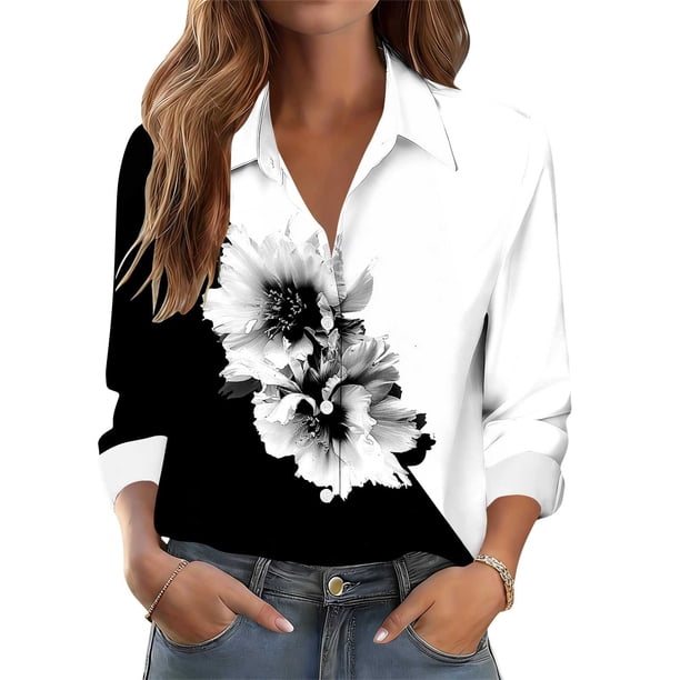 TaTaai Women's Long Sleeve Shirt Collared Button Down Casual Floral Print Blouse Soft Cotton Loose Fit Tunic Top for Spring Daily Wear Gift