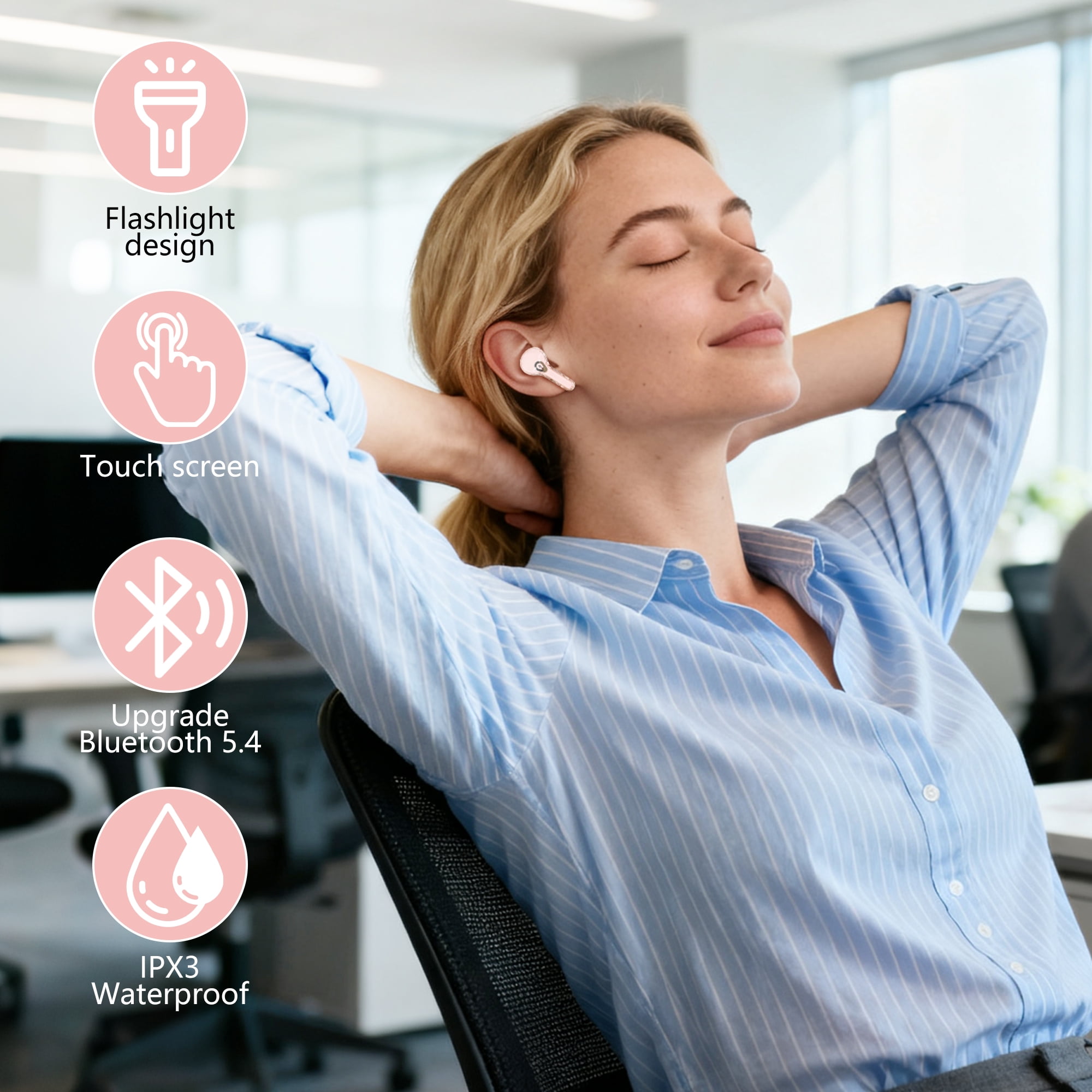 ENC Wireless Bluetooth Earphone, Smart Touch Screen Headphone, 24h Playtime for Sports & Working, Stereo Sound Headphone for iOS/Android/Windows, Pink