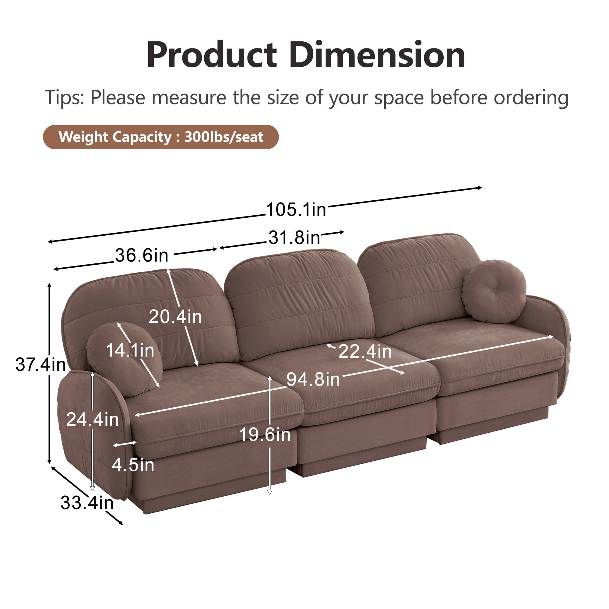 Mintazer 105" Chenille Cloud 3-Seater Modular Sectional Sofa with 2 Round Pillows, Easy Assembly Ergonomic Sofa Couch for Living Room, Apartment, Rose Dust