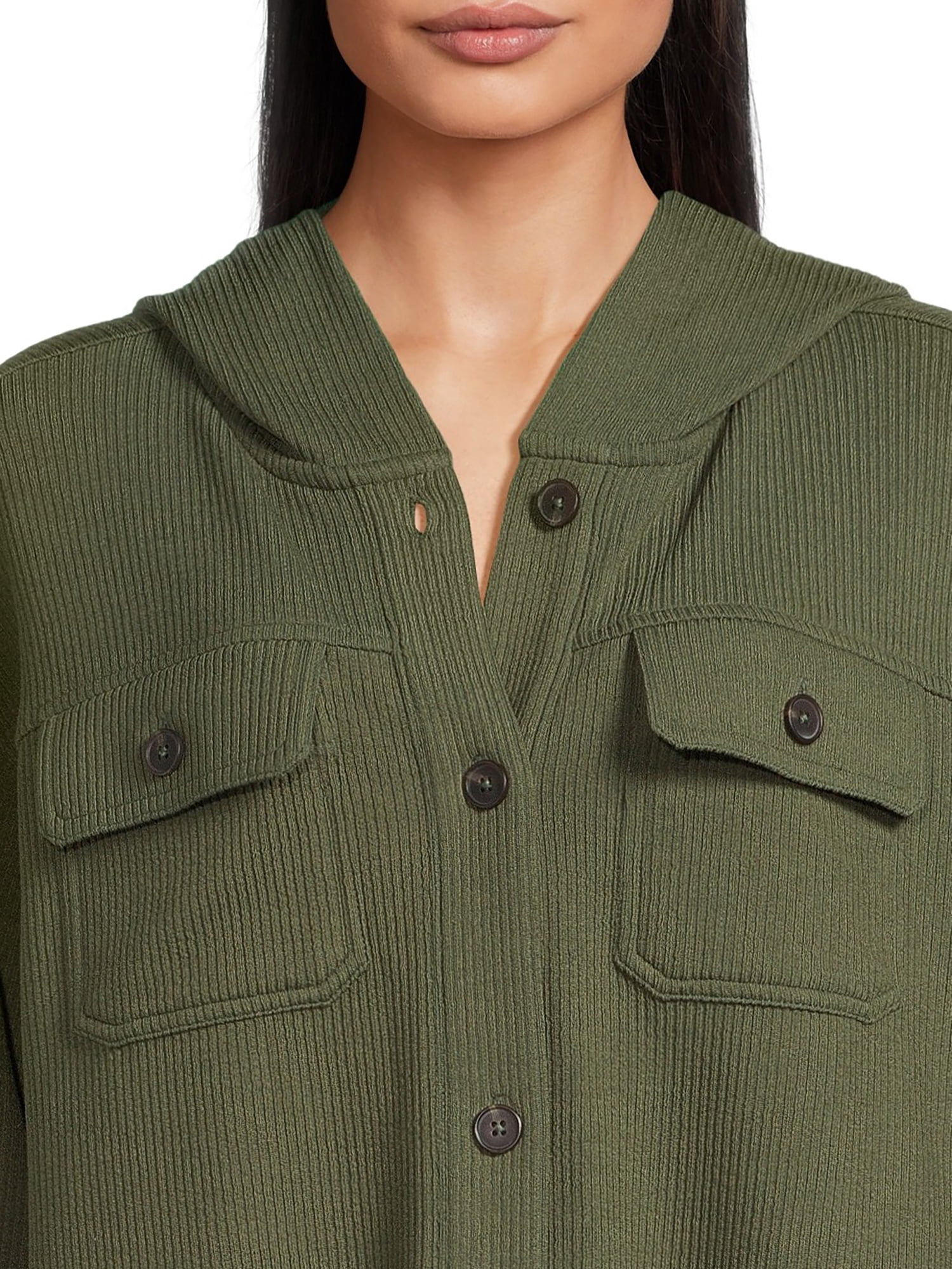 Time and Tru Women's Ribbed Hooded Shacket, Sizes S-XXXL