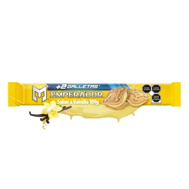 galletas emperador sabor vainilla 109 g paquete horizontal amarillo con logo Emperador, dos galletas sándwich doradas con relleno cremoso color vainilla y vaina de vainilla; porción individual fácil de llevar, ideal para acompañar bebidas.