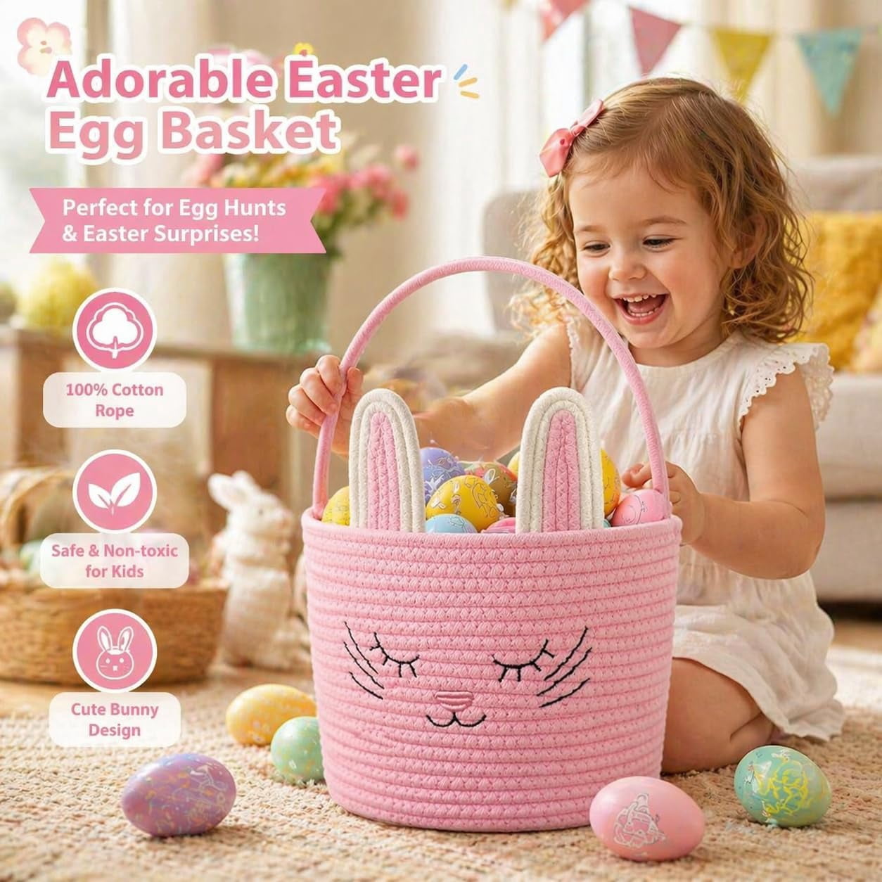 Easter Basket Bunny Design, Gift Basket with Handle, Cute Storage Basket for Eggs Candy Toys, Decorative Organizer for Party Holiday Gifts