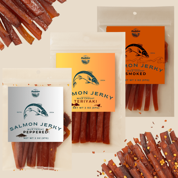 Rublev Salmon Jerky Variety Pack – Peppered, Teriyaki & Smoked, Wild-Caught, High-Protein Snack, 3 Pack (3 × 2oz), Made in USA