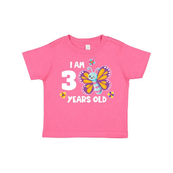 Inktastic I Am 3 Years Old Cute Smiling Butterfly with Flowers Girls Toddler T-Shirt